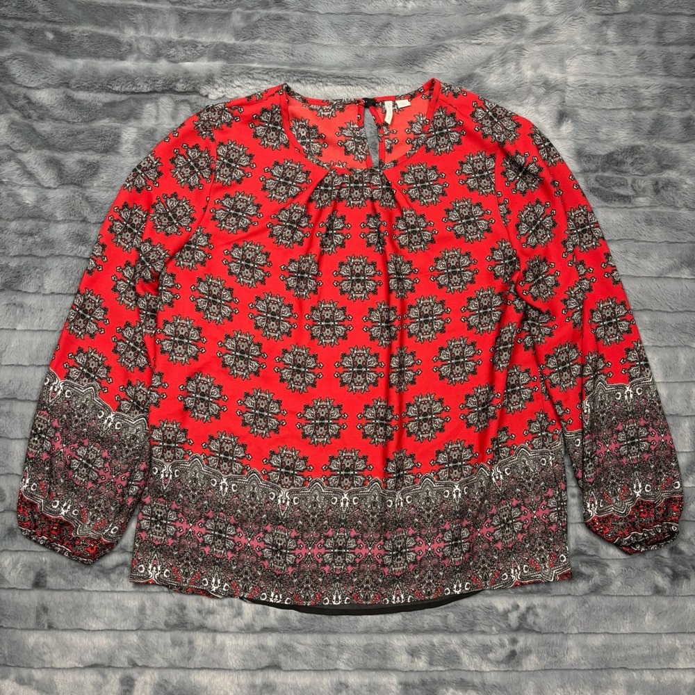 Cato Womens Red Medallion Print Long Sleeve Blouse Top Size Large 8524